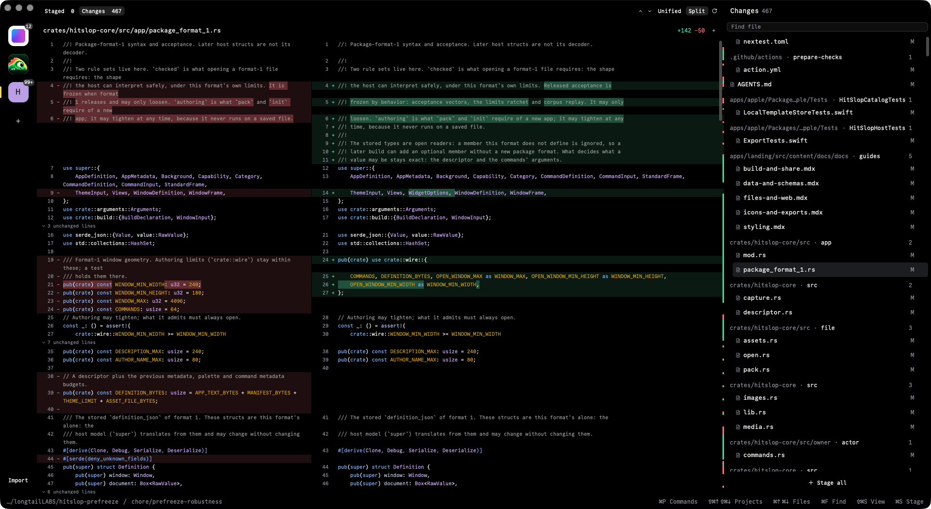 Diffy in split view: original and changed code, project icons with change-count badges on the left, a searchable file list grouped by directory on the right, and keyboard shortcuts along the bottom.